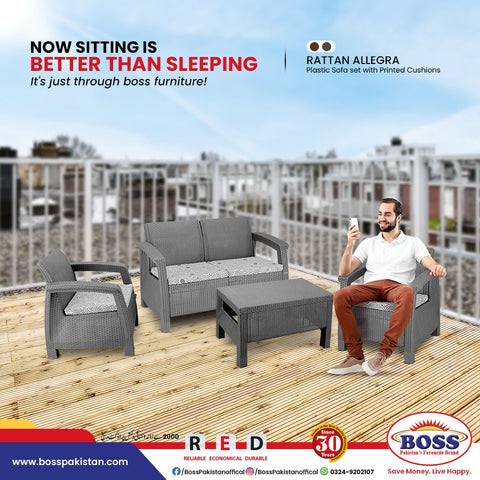 Boss Newly Designed Rattan Allegra Plastic Sofa Set with Printed Cushions